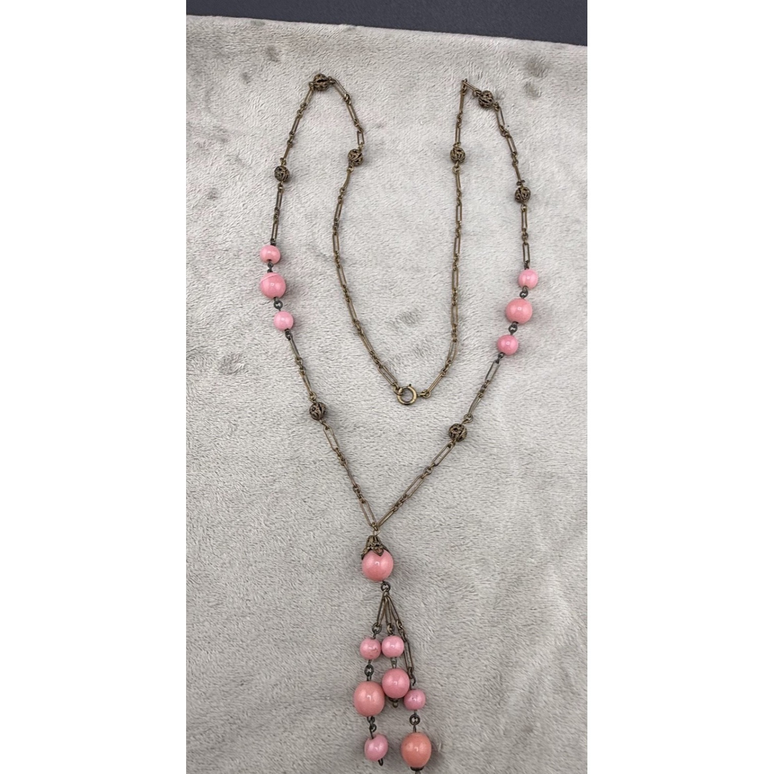 Vintage Art Deco Necklace Long Statement Pink Beaded Spring 34"